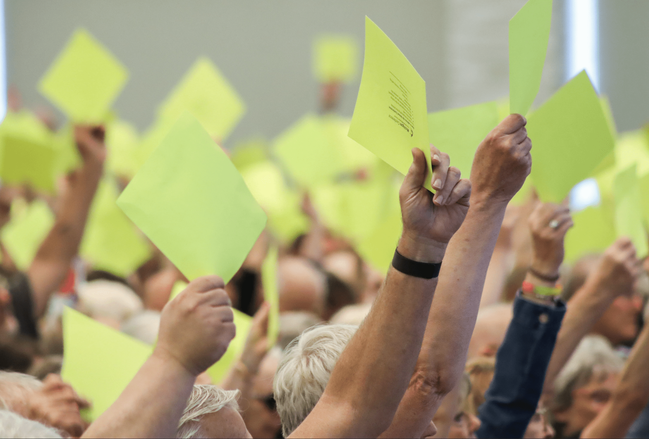 Photo of numerous people holding yellow cards above their heads.